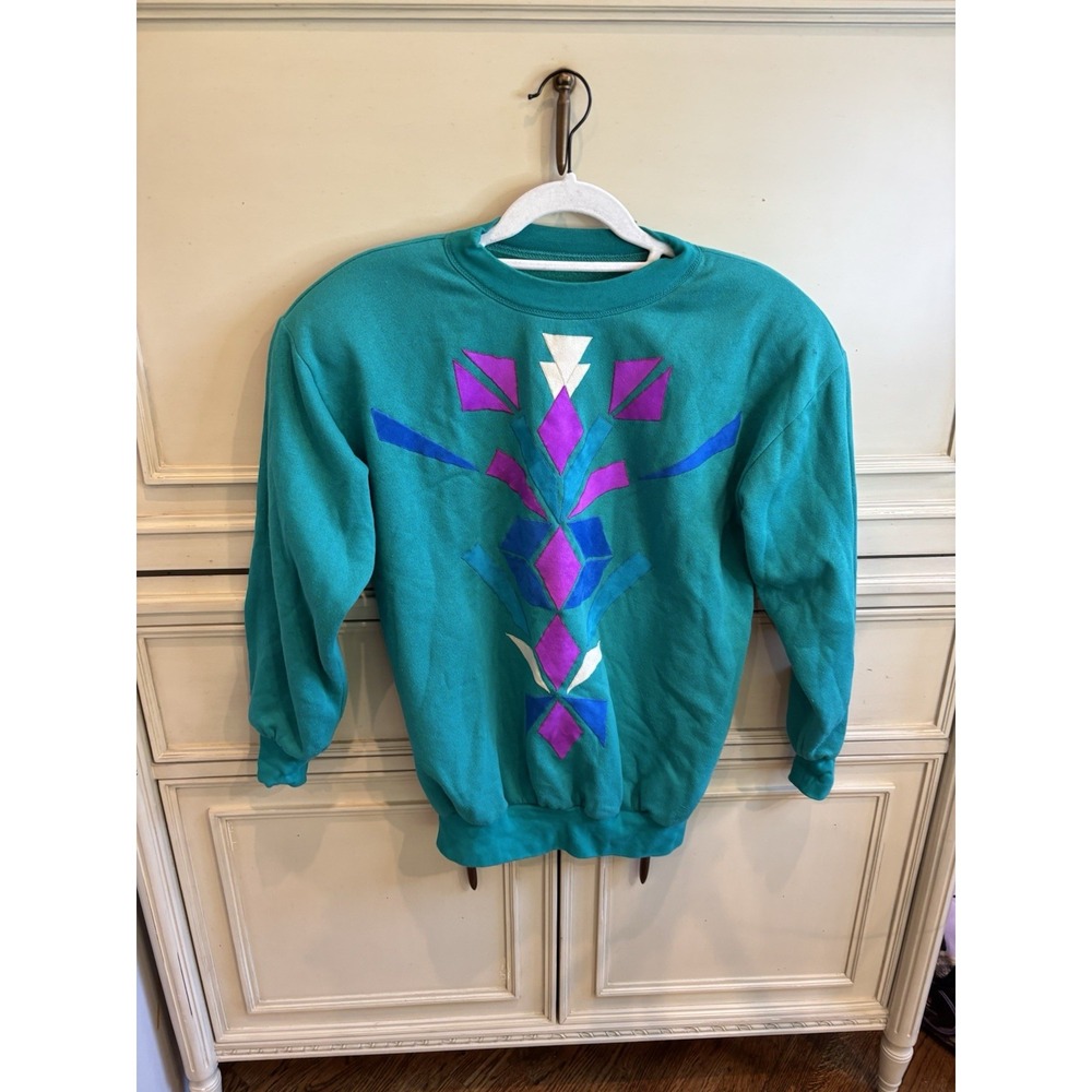 Vintage 90s Blue Teal Pullover Sweater Aztec‎ Pattern Shoulder Pads Small